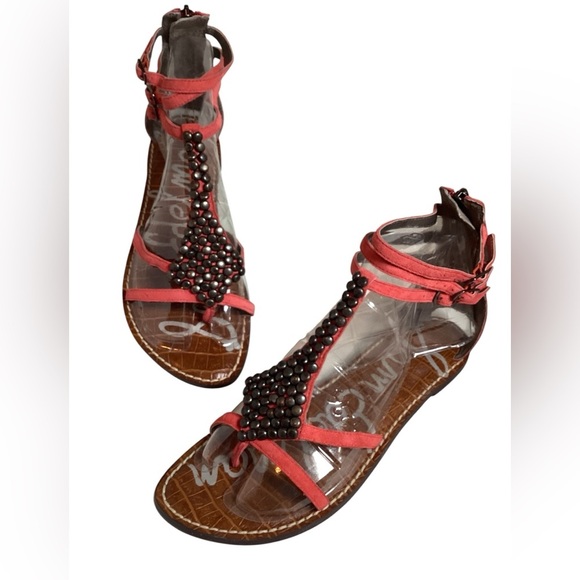 Sam Edelman Coral Colored Beaded Sandals, Size 7.5 - Picture 1 of 7